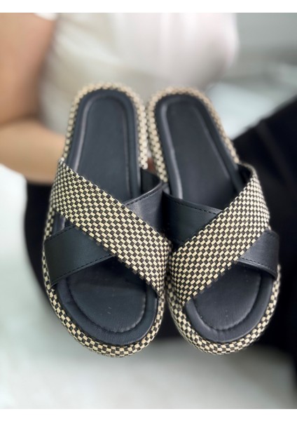 Günlük Kadın Hasır Çapraz Bant Yumuşak Dikişli Taban Hafif Yazlık Rahat Terlik 065