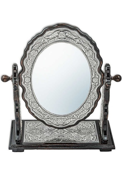Gümüş Çiçek Desenli Oval Çift Taraflı Ayna