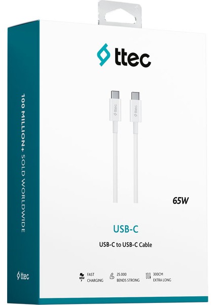 Usb-C - Usb-C 300CM 65W Pd/qc Hızlı Şarj/data Kablosu Beyaz