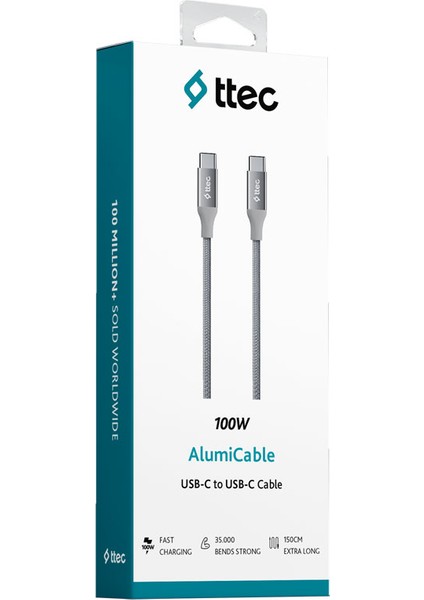 Alumicable Usb-C - Usb-C 150CM 100W Pd/qc Hızlı Şarj/data Kablosu Uzay Grisi