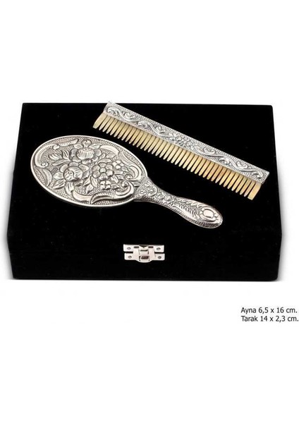 Manolya Motifli Ayna Tarak Gümüş Set