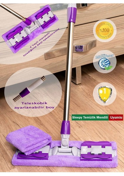 Yedek Bezli Mikrofiber Yer ve Duvar Temizleme Mop, 4 Mandallı, Cam ve Fayans Uyumlu