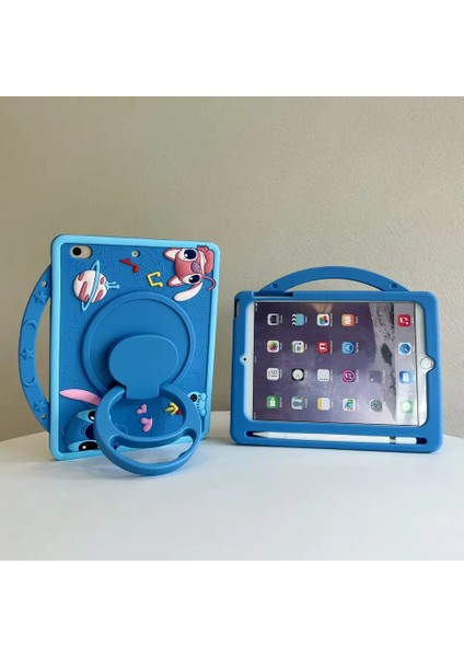 Apple iPad 6.nesil 9.7 Inc Çocuklar Için Kalemlikli Askılı 360 Derece Standlı Soft Silikon Stiç Kılıf A1893 A1954
