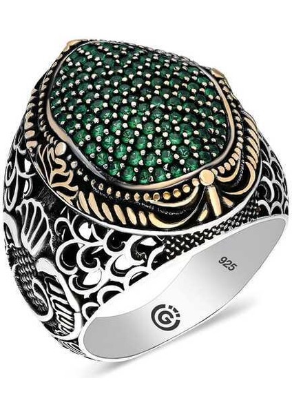 Gümüş Yeşil Zirkon Taşlı Oval Erkek Yüzük - 22