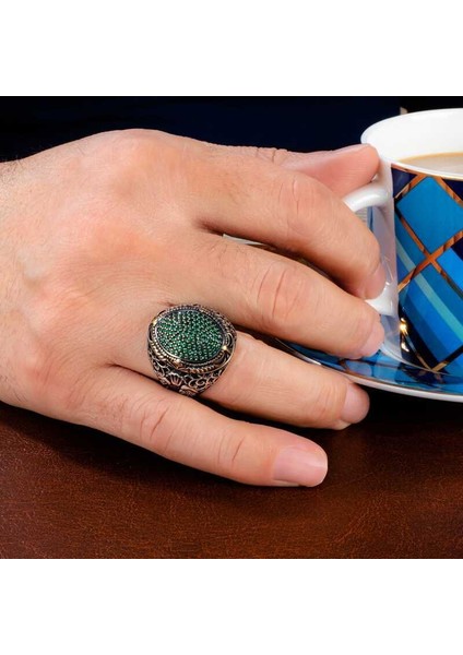 Gümüş Yeşil Zirkon Taşlı Oval Erkek Yüzük - 22 fiyatları
