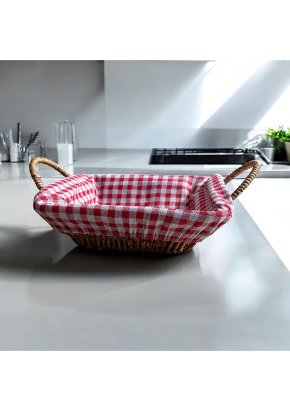 Hasır Görünümlü Plastik Ekmek Sepeti Kulplu Bezli Kare - 604