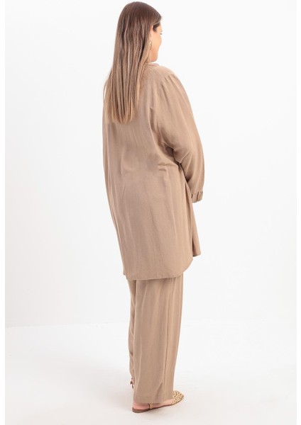 Vizon-Büzgü Detaylı Büyük Beden Keten Pantolonlu Takım fırsatları