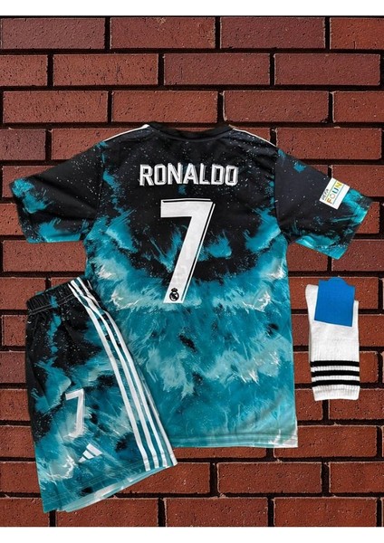 Dalgalı Desenli Cr7 Cristiano Ronaldo Çocuk Forması (Forma Şort Çorap)