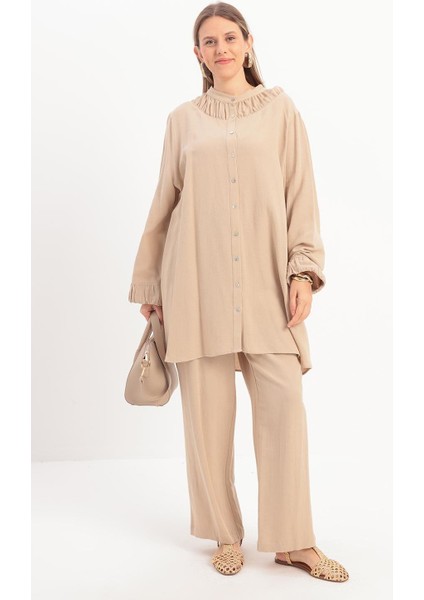 Bej-Büzgü Detaylı Büyük Beden Keten Pantolonlu Takım fiyatları