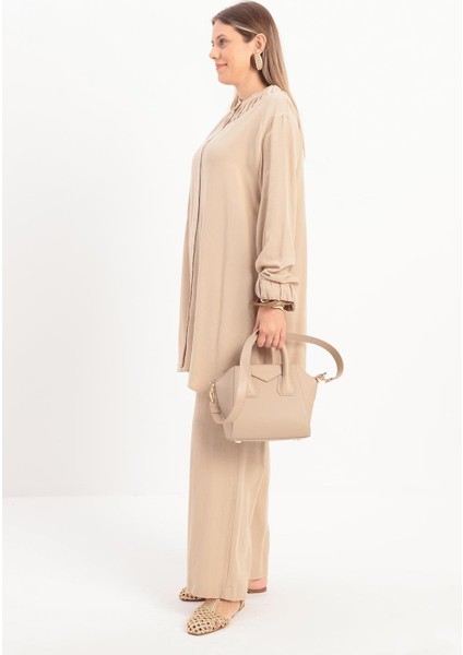Bej-Büzgü Detaylı Büyük Beden Keten Pantolonlu Takım modelleri