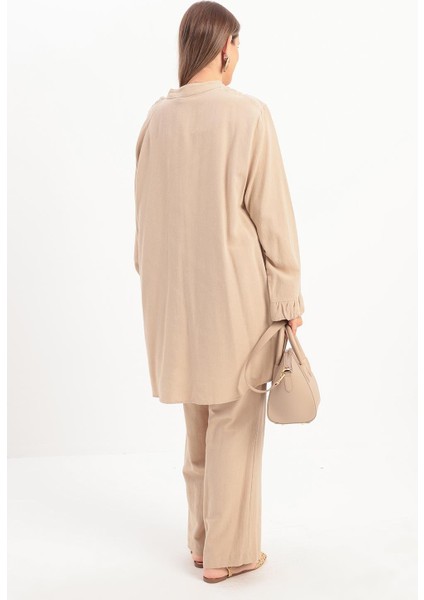 Bej-Büzgü Detaylı Büyük Beden Keten Pantolonlu Takım fırsatları