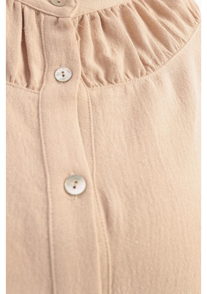 Bej-Büzgü Detaylı Büyük Beden Keten Pantolonlu Takım indirimleri