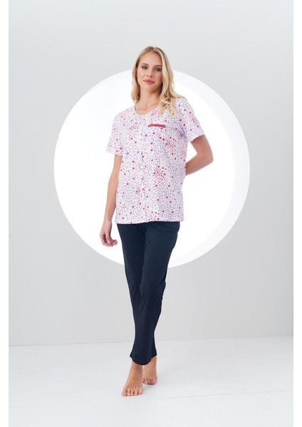 Kadın Desenli Önden Düğmeli Kısa Kollu Pijama Takım