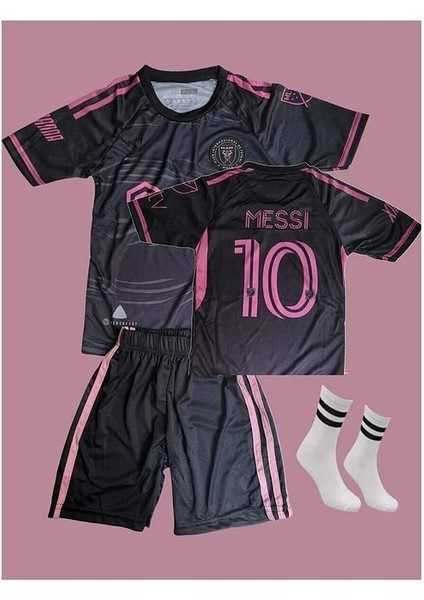 Lionel Messi Inter/miami Özel Tasarım Siyah Desenli Çocuk Futbol Forması 3'lü Takım