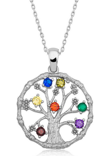 Gümüş Renkli Taşlı Hayat Ağacı Kadın Kolye