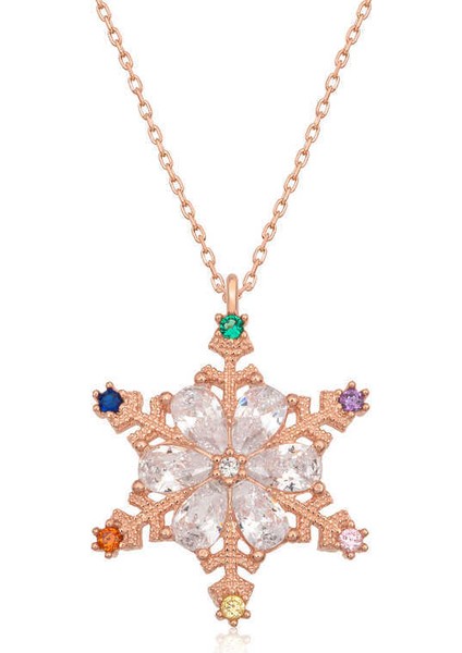 Gümüş Rose Renkli Taşlı Kar Tanesi Kadın Kolye