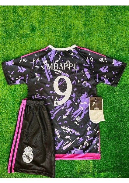 Yeni Tasarım Özel Konsept Real Mbappe 9 Baskılı Çocuk Forması Forma Şort Çorap