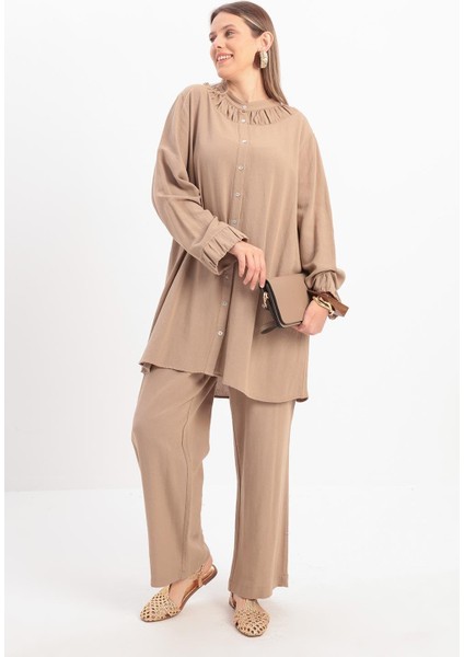 Vizon-Büzgü Detaylı Büyük Beden Keten Pantolonlu Takım