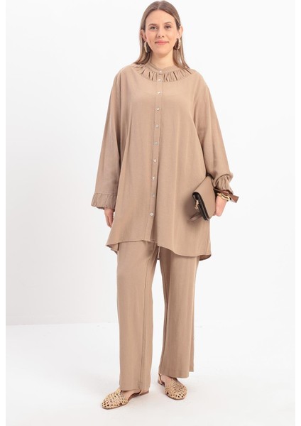 Vizon-Büzgü Detaylı Büyük Beden Keten Pantolonlu Takım fiyatları