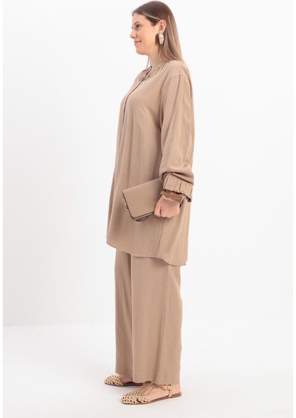 Vizon-Büzgü Detaylı Büyük Beden Keten Pantolonlu Takım modelleri