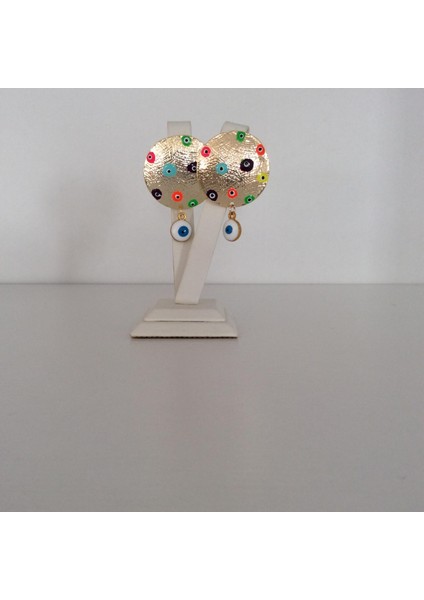 Renkli Nazar Boncuklu Sallantılı Küpe Altın Renk