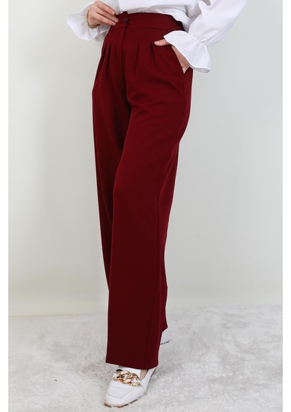 Beli Lastikli Düğmeli Pantolon Bordo