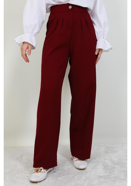 Beli Lastikli Düğmeli Pantolon Bordo modelleri