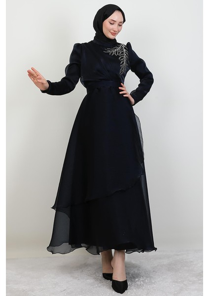 Taşlı Organze Abiye Koyu Lacivert