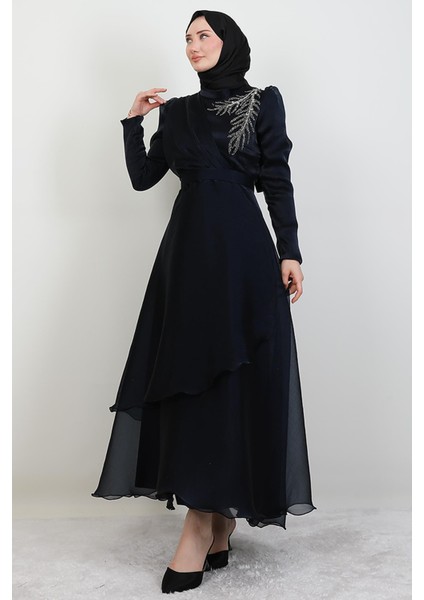 Taşlı Organze Abiye Koyu Lacivert