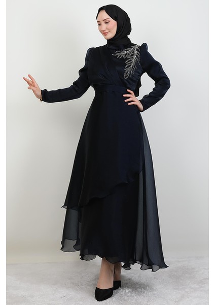 Taşlı Organze Abiye Koyu Lacivert