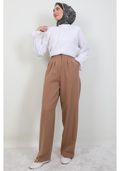 Beli Lastikli Düğmeli Pantolon Sütlükahve
