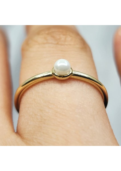 Gümüş Yüzük - İnci Minimal Tasarım Tek Taş 925 Ayar Gümüş Yüzük