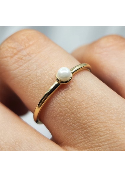 Gümüş Yüzük - İnci Minimal Tasarım Tek Taş 925 Ayar Gümüş Yüzük