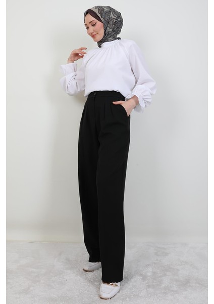 Beli Lastikli Düğmeli Pantolon Siyah