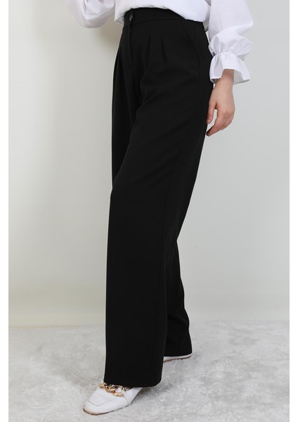 Beli Lastikli Düğmeli Pantolon Siyah modelleri