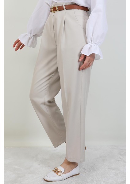 Kemerli Kalem Pantolon Bej