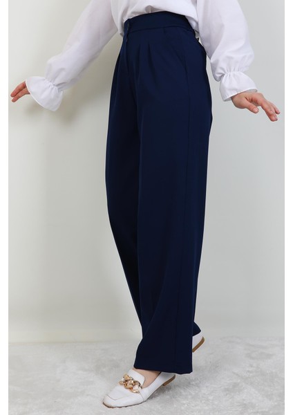 Beli Lastikli Düğmeli Pantolon Lacivert modelleri