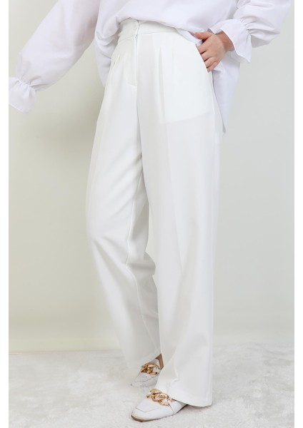 Beli Lastikli Düğmeli Pantolon Beyaz