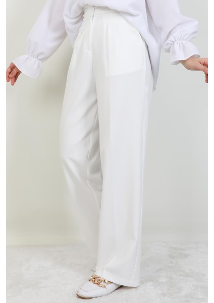 Beli Lastikli Düğmeli Pantolon Beyaz modelleri