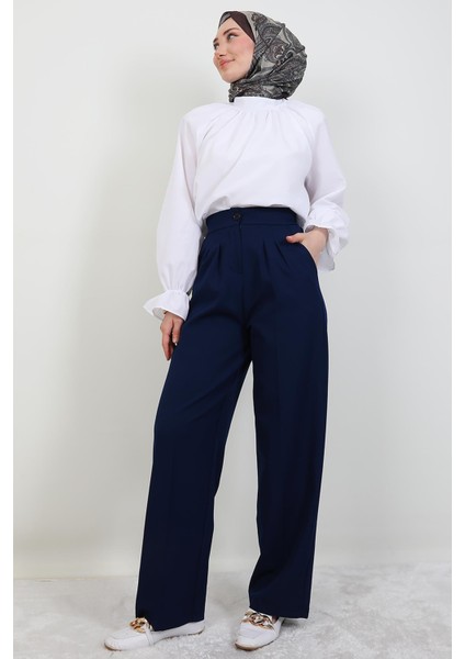 Beli Lastikli Düğmeli Pantolon Lacivert