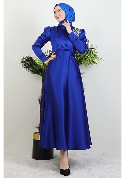 Omzu Taşlı Saten Abiye Saks