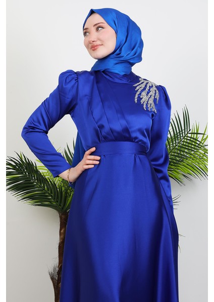 Omzu Taşlı Saten Abiye Saks indirimleri