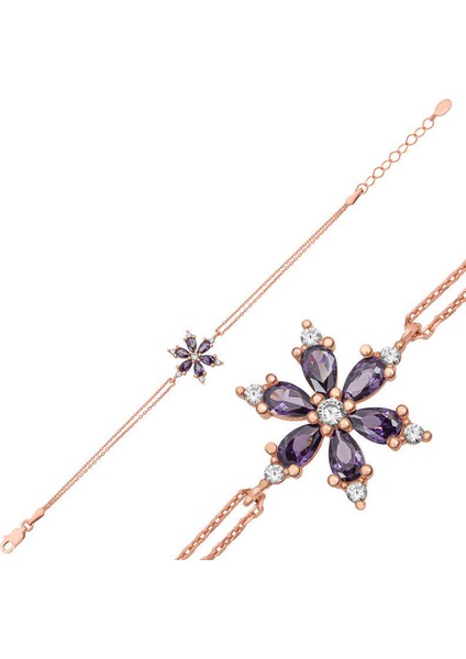 Gümüş Rose Mor Lotus Çiçeği Kadın Bileklik