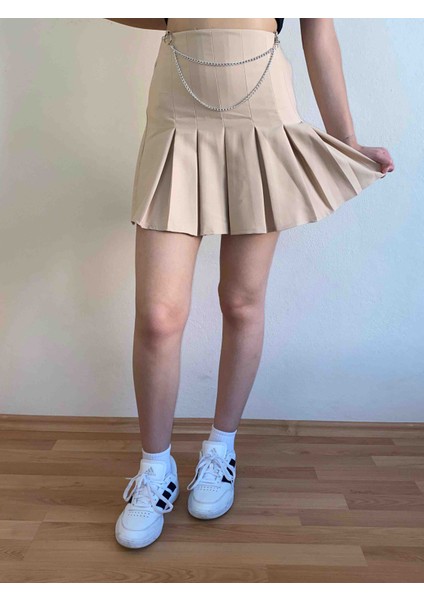 Pileli Zincir Detaylı Mini Etek