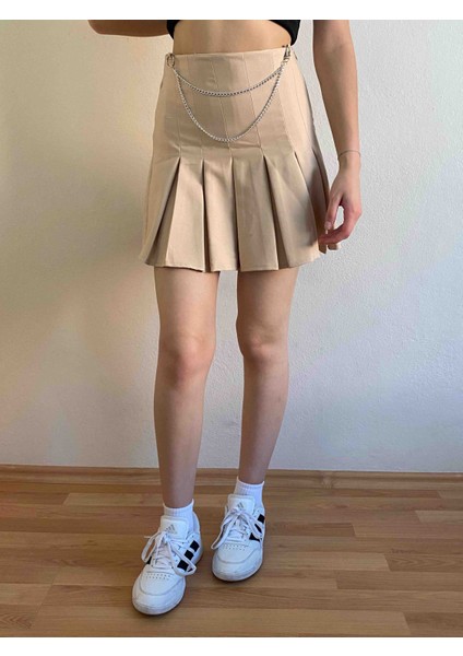 Pileli Zincir Detaylı Mini Etek