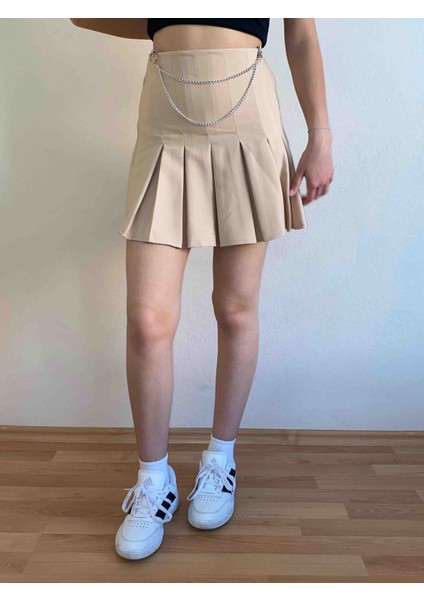 Pileli Zincir Detaylı Mini Etek