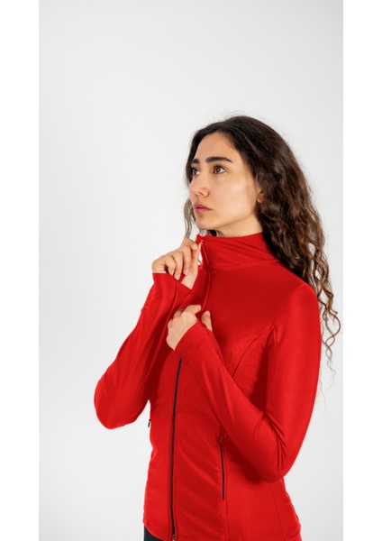 Fermuarlı Çift Cepli Parmak Geçmeli Slim Fit Spor Ceketi Kırmızı