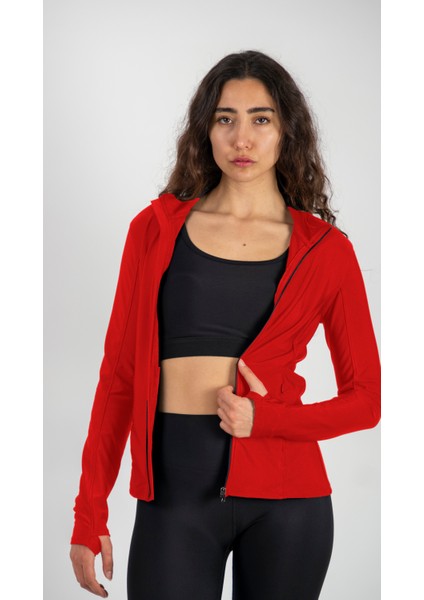 Fermuarlı Çift Cepli Parmak Geçmeli Slim Fit Spor Ceketi Kırmızı modelleri