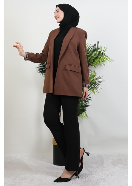 Leopar Astarlı Ceket Kahverengi