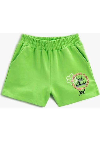 Beli Lastikli Şort Cepli Baskılı Pamuklu